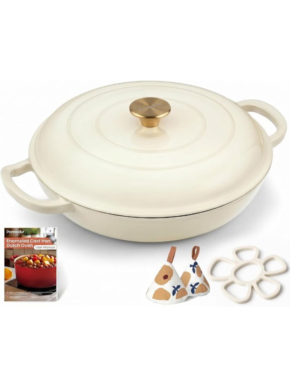 3.8 Quart White Cast Iron Dutch Oven - Versatile Shallow Braiser & Casserole